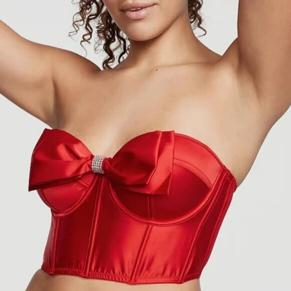 NWT *Victoria's Secret Dream Angels Red Bling Rhinestone Bow Long Line Satin Bra - Picture 4 of 13